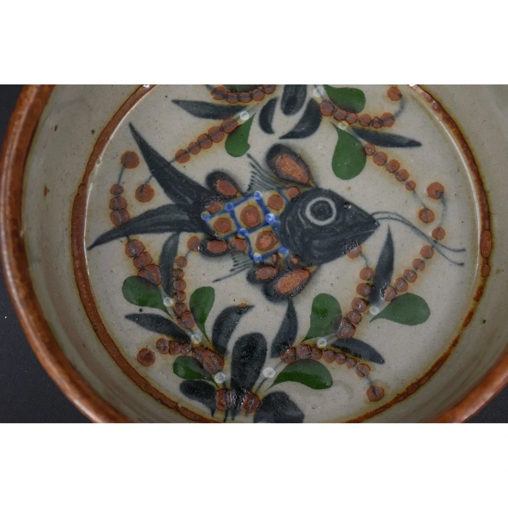 VTG Artisan Signed PA Fish Skillet Bowl Small Cream Brown Excellent Hand Painted